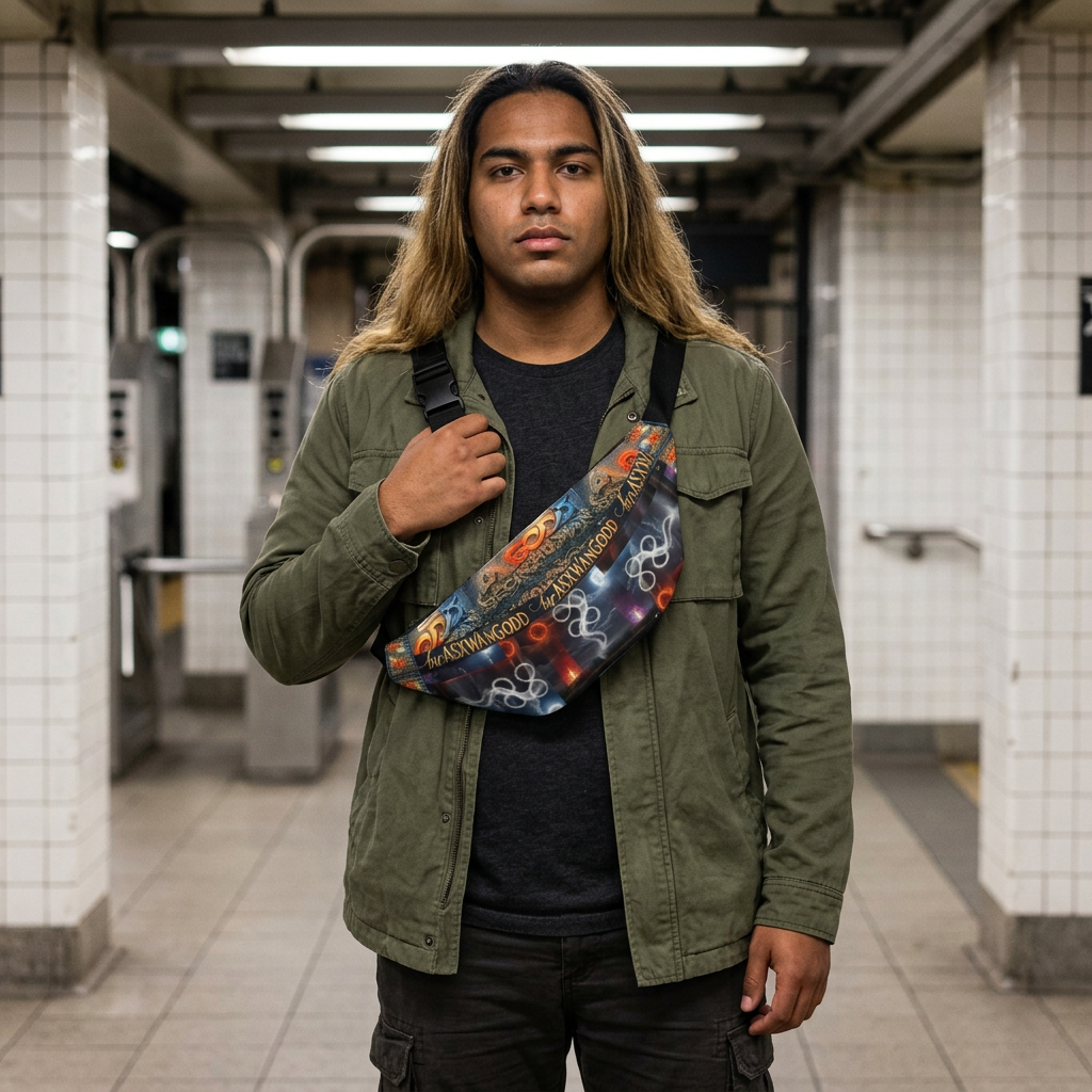 Large Fanny Pack — Dark Fantasy Graphic Waist Bag with Mythic Text